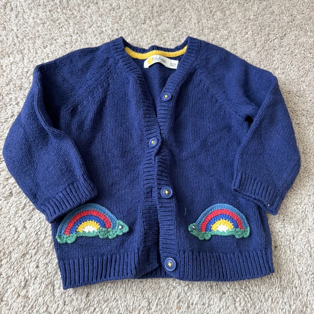 Baby Boden Baby Cardigan Blue Turtle Rainbow 6-12M Wool Blend